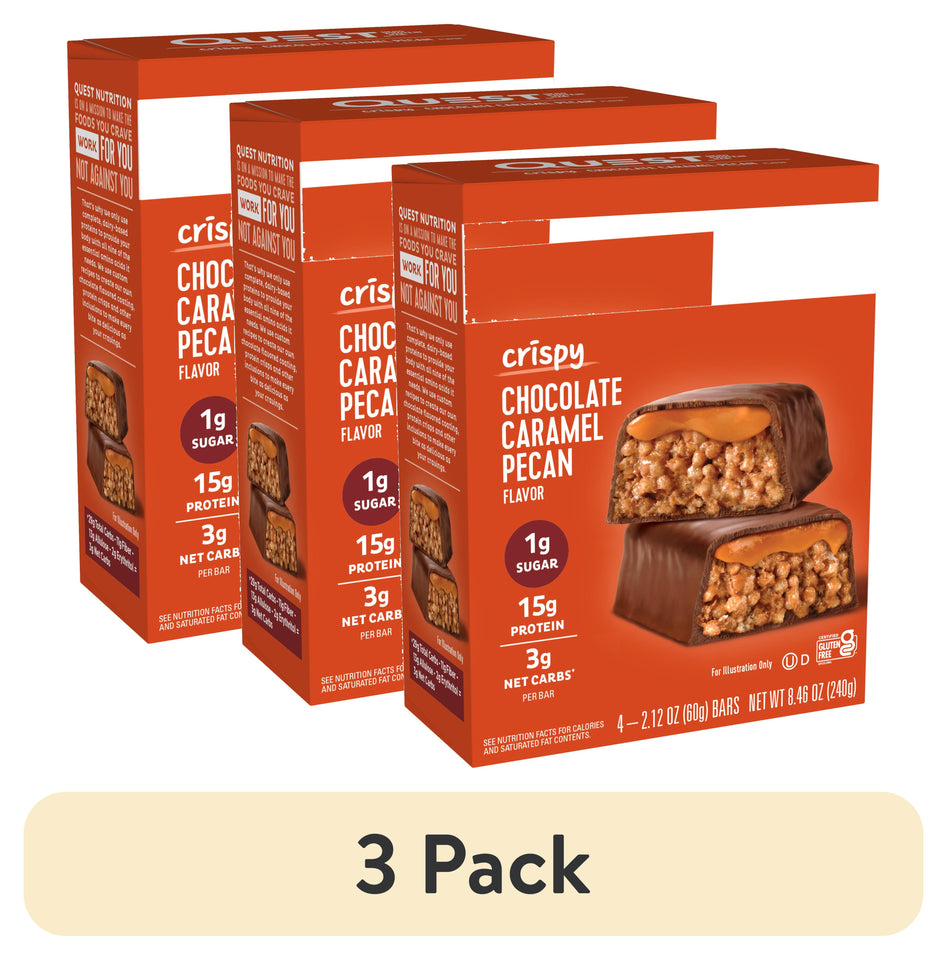 (3 Pack)  Crispy Protein Bar, 15G Protein, Chocolate Caramel Pecan Flavored, Gluten Free, 4 Count