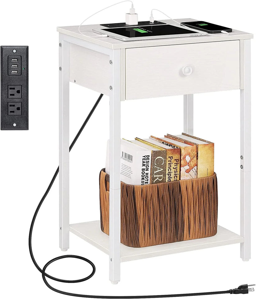 Nightstand End Table with Charging Station, USB Ports, Drawer and Storage Shelf, White