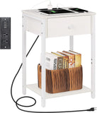 Nightstand End Table with Charging Station, USB Ports, Drawer and Storage Shelf, White