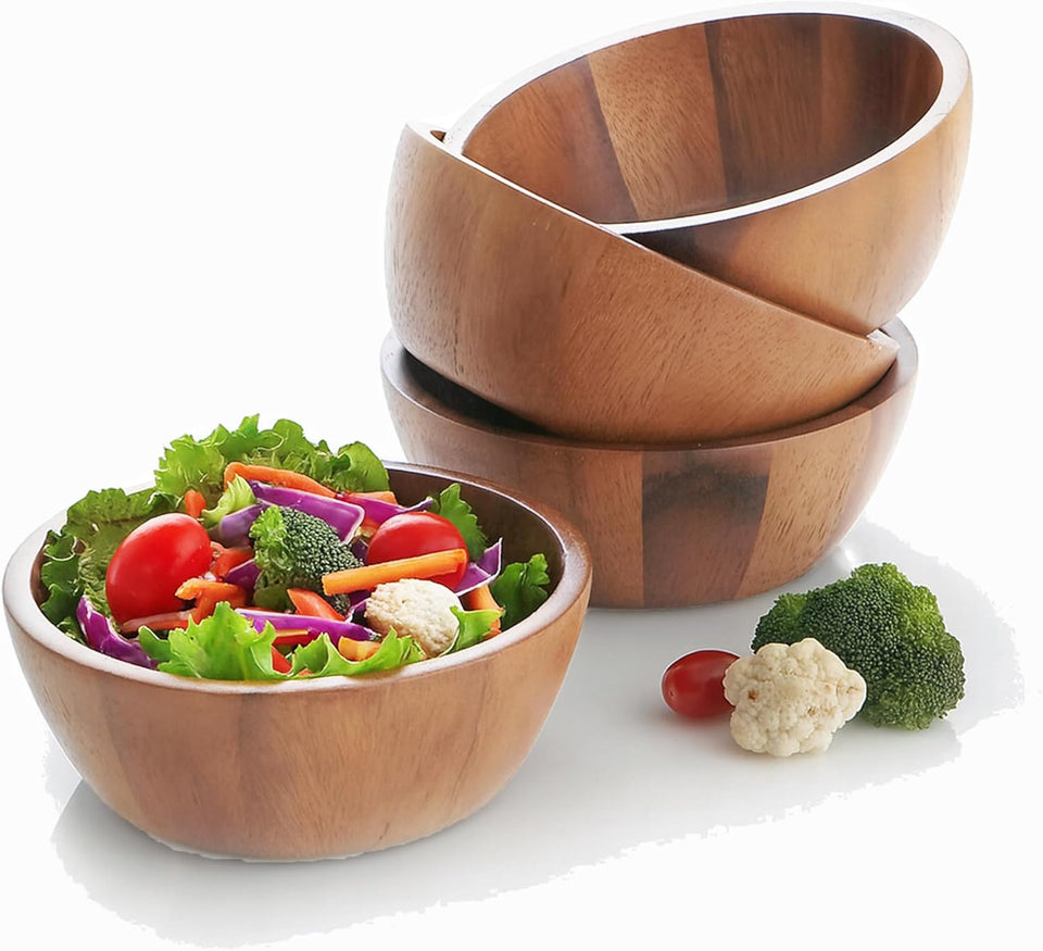 Set of 4 Acacia Wood Individual Serving Bowls for Salads, Fruits, Snacks, Nuts, Candy, 6 1/2" X 2 1/2"