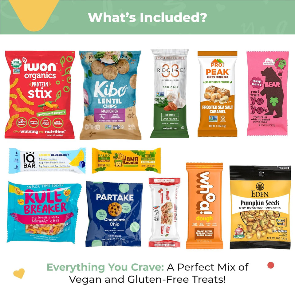 Vegan Gluten-Free Snack Gift Box: Variety of Delicious and Tasty Vegan Candy, Chips, Protein Bars, Cookies - Ideal Gift for Kids, Women, Men, Families and Holidays