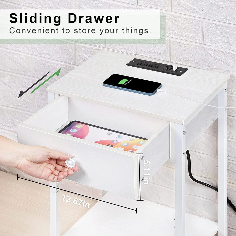 Nightstand End Table with Charging Station, USB Ports, Drawer and Storage Shelf, White