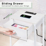 Nightstand End Table with Charging Station, USB Ports, Drawer and Storage Shelf, White