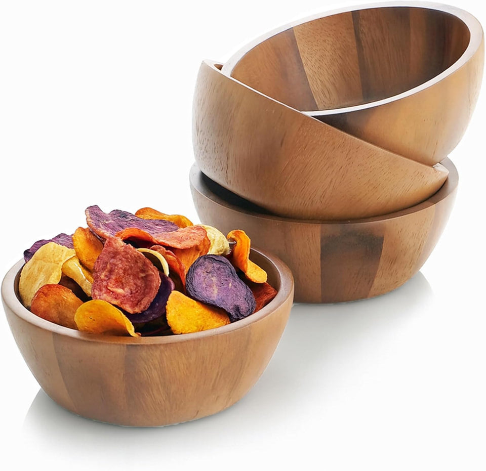 Set of 4 Acacia Wood Individual Serving Bowls for Salads, Fruits, Snacks, Nuts, Candy, 6 1/2" X 2 1/2"