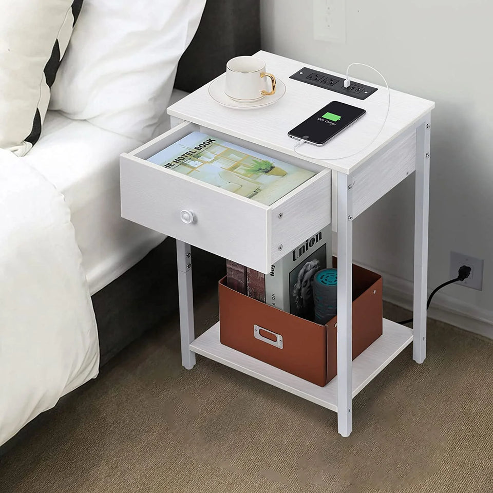 Nightstand End Table with Charging Station, USB Ports, Drawer and Storage Shelf, White