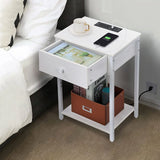 Nightstand End Table with Charging Station, USB Ports, Drawer and Storage Shelf, White