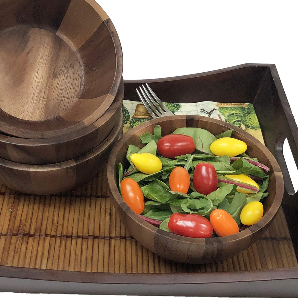Set of 4 Acacia Wood Individual Serving Bowls for Salads, Fruits, Snacks, Nuts, Candy, 6 1/2" X 2 1/2"