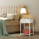 Nightstand End Table with Charging Station, USB Ports, Drawer and Storage Shelf, White