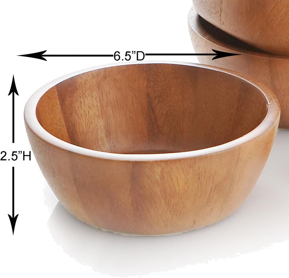 Set of 4 Acacia Wood Individual Serving Bowls for Salads, Fruits, Snacks, Nuts, Candy, 6 1/2" X 2 1/2"