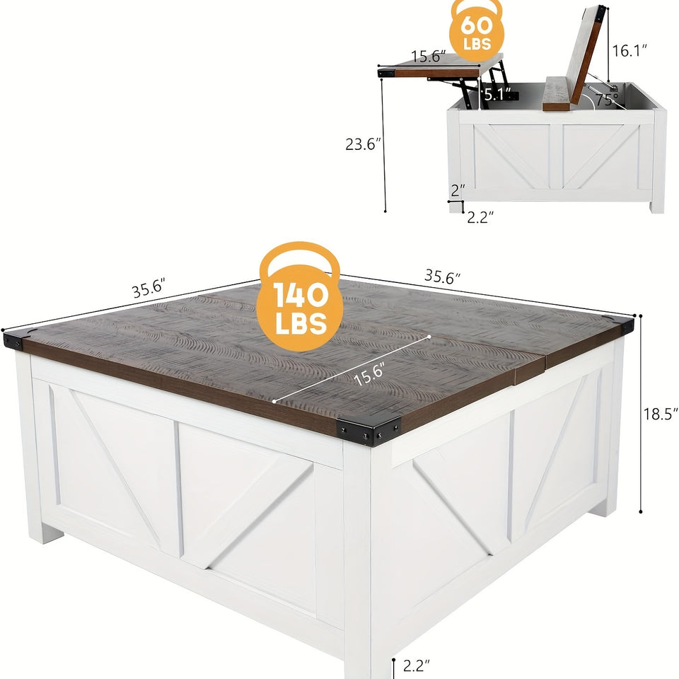 "35"" Farmhouse Lift Top Coffee Table with Storage, Wood Square Center Table with Charging Station & USB Ports, Large Hidden Space for Living Room, Bedroom, Home Office"