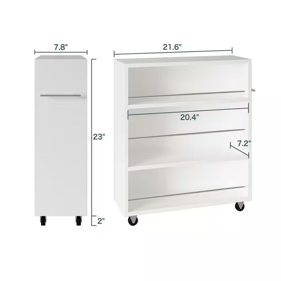 Movable Slim Storage Cart White Wooden Kitchen Cart with 3-Tier Adjustable Shelves Rolling Cart for Home Organizer