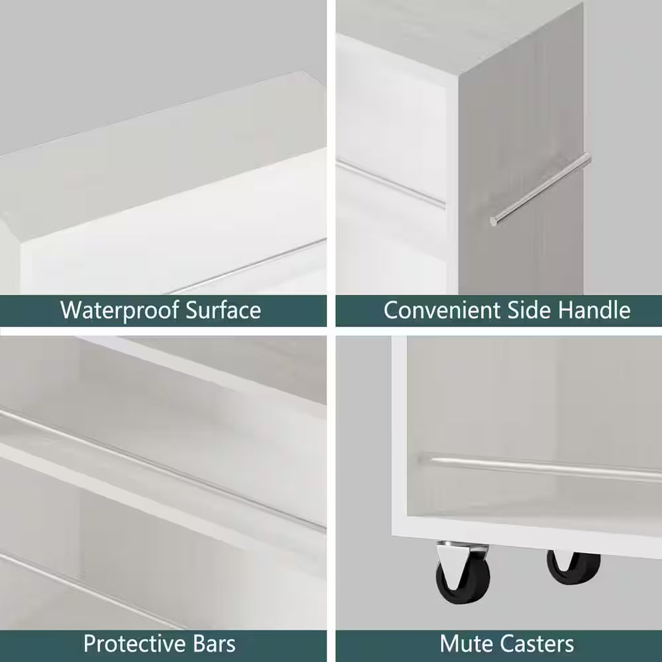 Movable Slim Storage Cart White Wooden Kitchen Cart with 3-Tier Adjustable Shelves Rolling Cart for Home Organizer