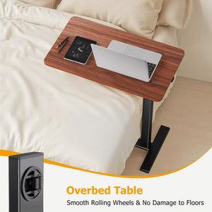 27.56 In. Rust Brown Laptop Desk with Wheels, Adjustable Height Overbed Bedside Table Mobile Standing Desk