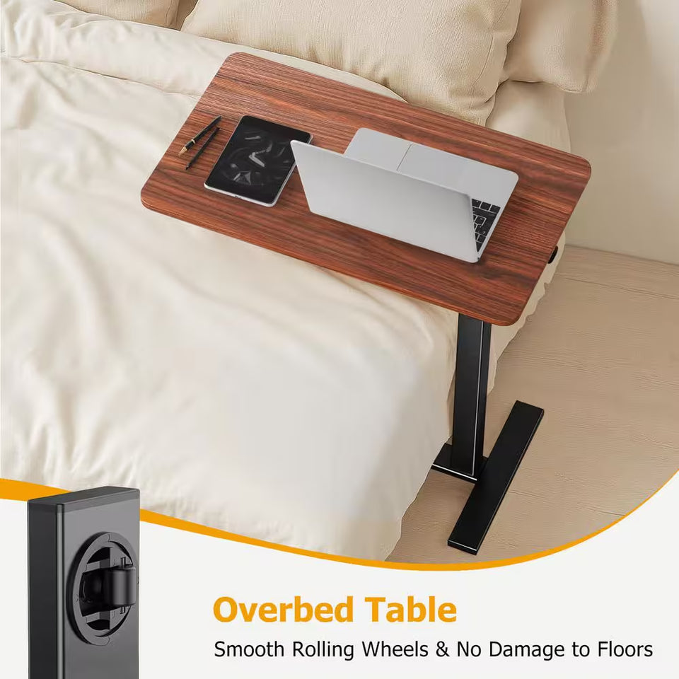 27.56 In. Rust Brown Laptop Desk with Wheels, Adjustable Height Overbed Bedside Table Mobile Standing Desk