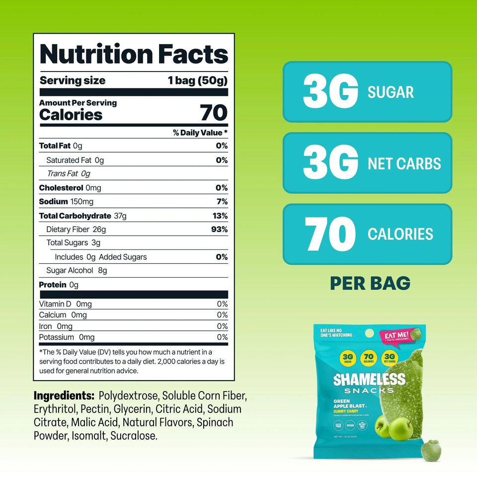 s - Healthy Low Calorie Snacks, Low Carb Keto Gummies (Gluten Free & Non GMO Candy) - 6 Pack Green Apple Blast