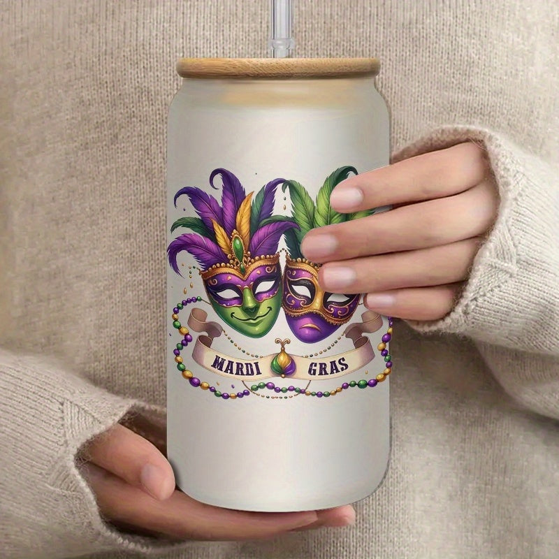 "MARDI GRAS" Insulated Glass Tumbler with Bamboo Lid and Straw - Reusable, Multipurpose for Hot and Cold Drinks, Perfect for Iced Coffee, Smoothies, Boba Tea, Whiskey Water