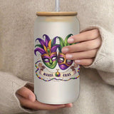 "MARDI GRAS" Insulated Glass Tumbler with Bamboo Lid and Straw - Reusable, Multipurpose for Hot and Cold Drinks, Perfect for Iced Coffee, Smoothies, Boba Tea, Whiskey Water