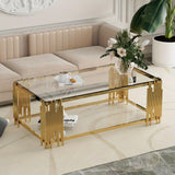 "Modern Rectangle Clear Glass Coffee Table with Golden Stainless Steel Legs, 51.18"" Center Table for Living Room, Home Office"