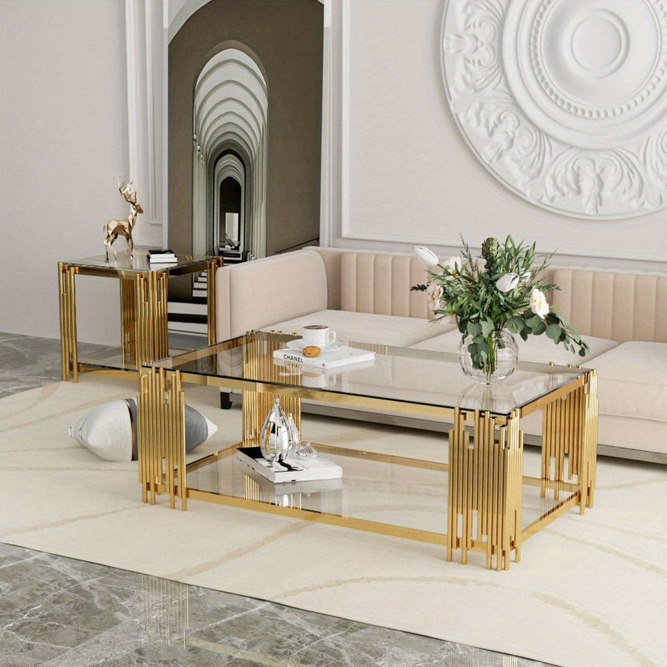 "Modern Rectangle Clear Glass Coffee Table with Golden Stainless Steel Legs, 51.18"" Center Table for Living Room, Home Office"