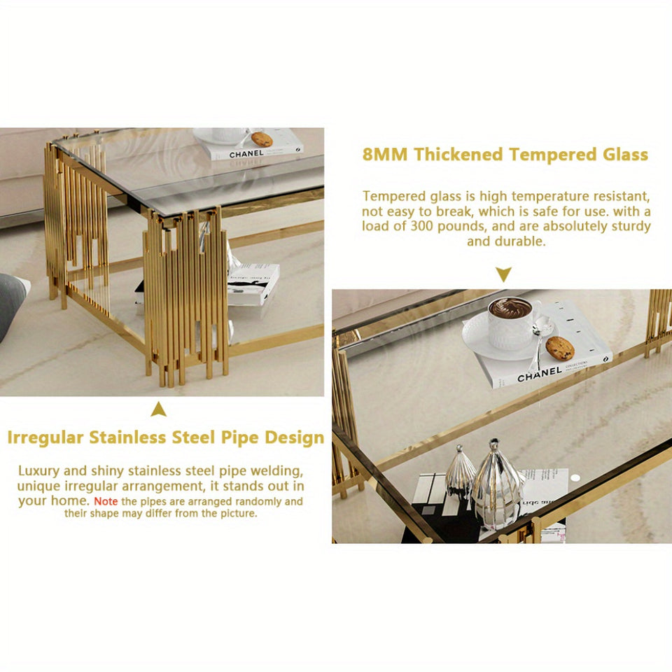"Modern Rectangle Clear Glass Coffee Table with Golden Stainless Steel Legs, 51.18"" Center Table for Living Room, Home Office"