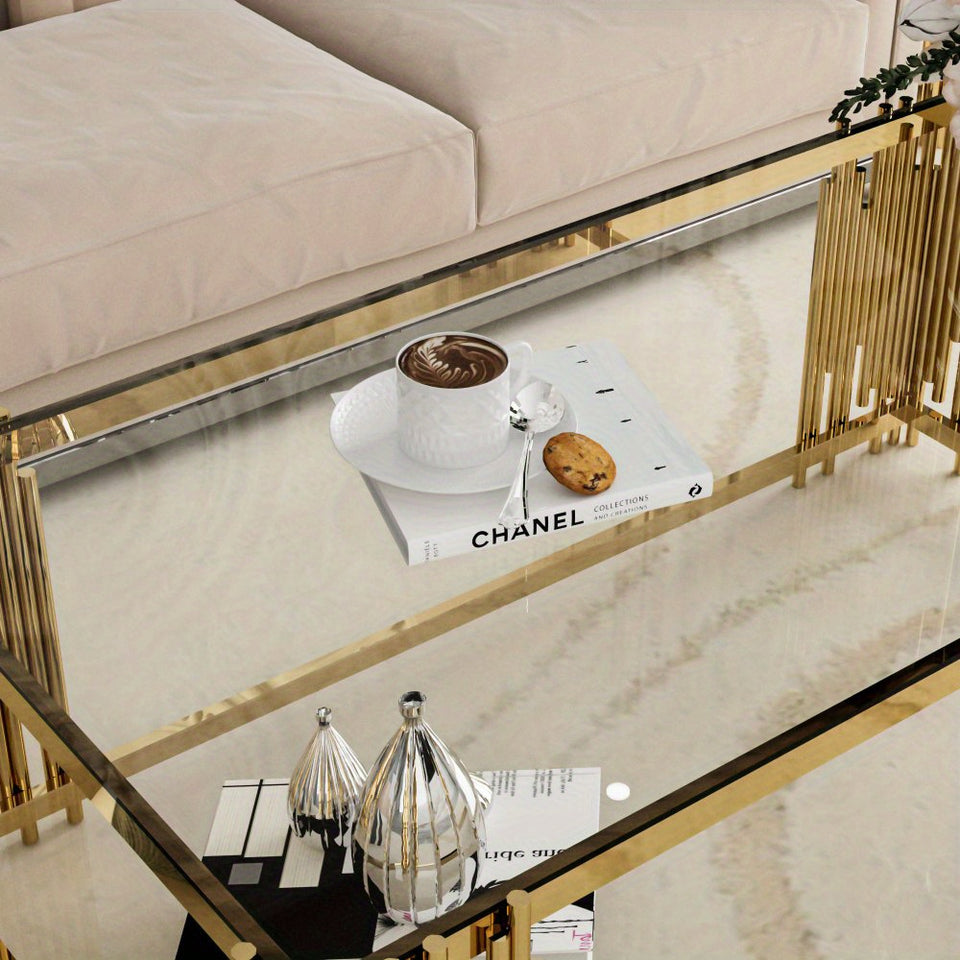 "Modern Rectangle Clear Glass Coffee Table with Golden Stainless Steel Legs, 51.18"" Center Table for Living Room, Home Office"