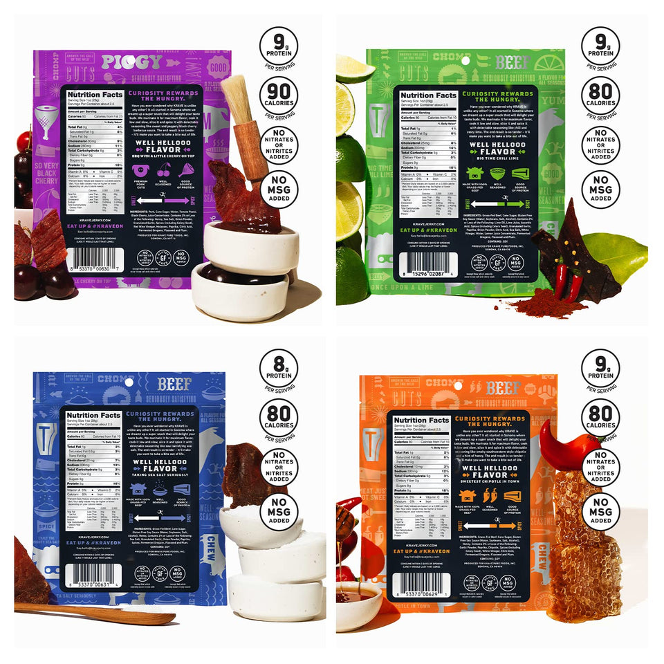 All Natural Beef Jerky and Pork Jerky Variety Flavors - Protein Packed Snacks Roasted for Maximum Flavor - Gluten Free - 2.7 Ounce (Pack of 4)