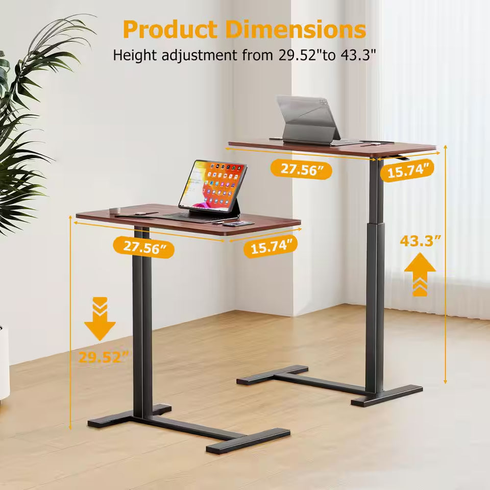 27.56 In. Rust Brown Laptop Desk with Wheels, Adjustable Height Overbed Bedside Table Mobile Standing Desk