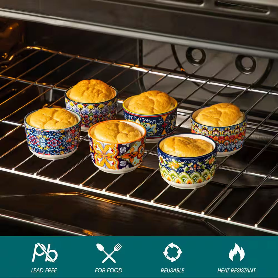 6-Piece 3 Oz. Porcelain Cupcake Pan Set Bohemian Creme Brulee Ramekins Souffle Dishes Dipping Sauce Ice Cream Bowls