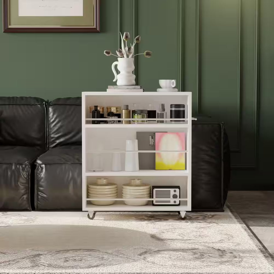 Movable Slim Storage Cart White Wooden Kitchen Cart with 3-Tier Adjustable Shelves Rolling Cart for Home Organizer