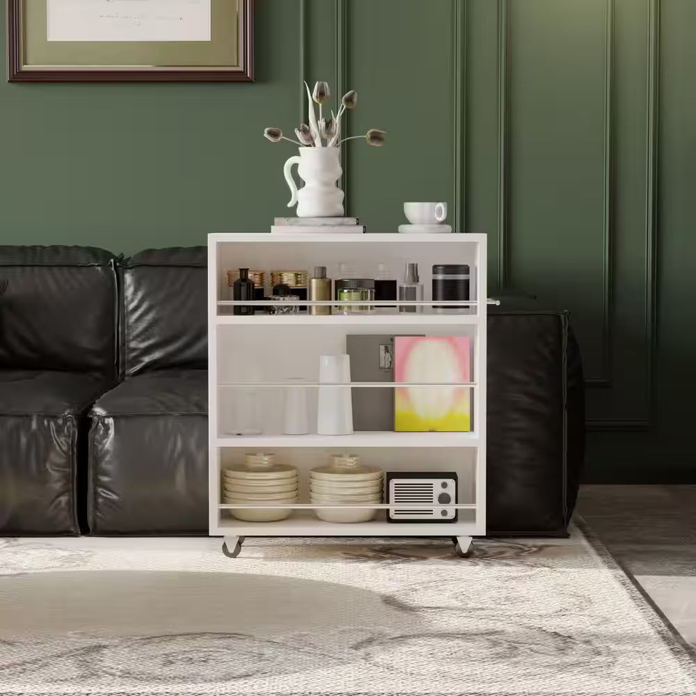 Movable Slim Storage Cart White Wooden Kitchen Cart with 3-Tier Adjustable Shelves Rolling Cart for Home Organizer