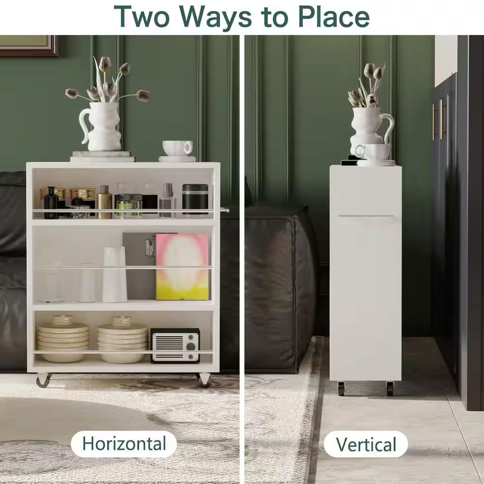 Movable Slim Storage Cart White Wooden Kitchen Cart with 3-Tier Adjustable Shelves Rolling Cart for Home Organizer