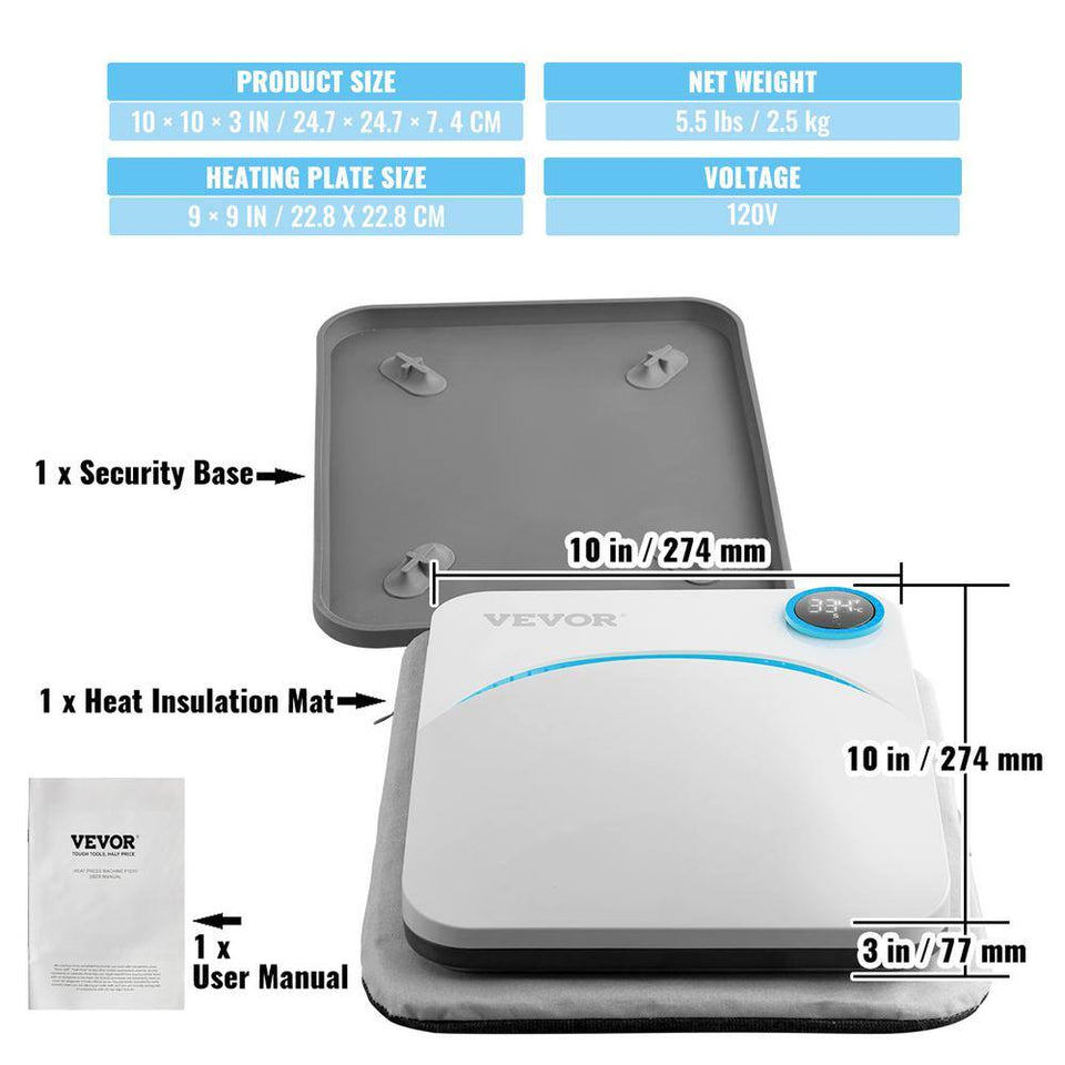 Heat Press 9 X 9 in Portable Easy Press Sublimation Transfer DIY T-Shirt