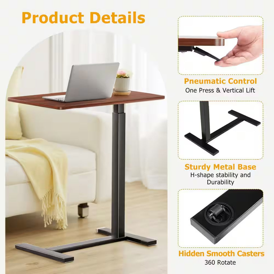 27.56 In. Rust Brown Laptop Desk with Wheels, Adjustable Height Overbed Bedside Table Mobile Standing Desk