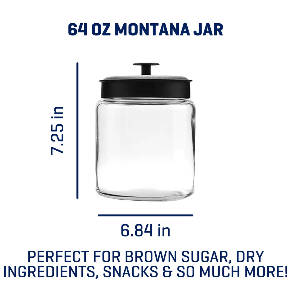 (2 Pack)  Montana Glass Jar with Black Metal Lid, 64 Ounce