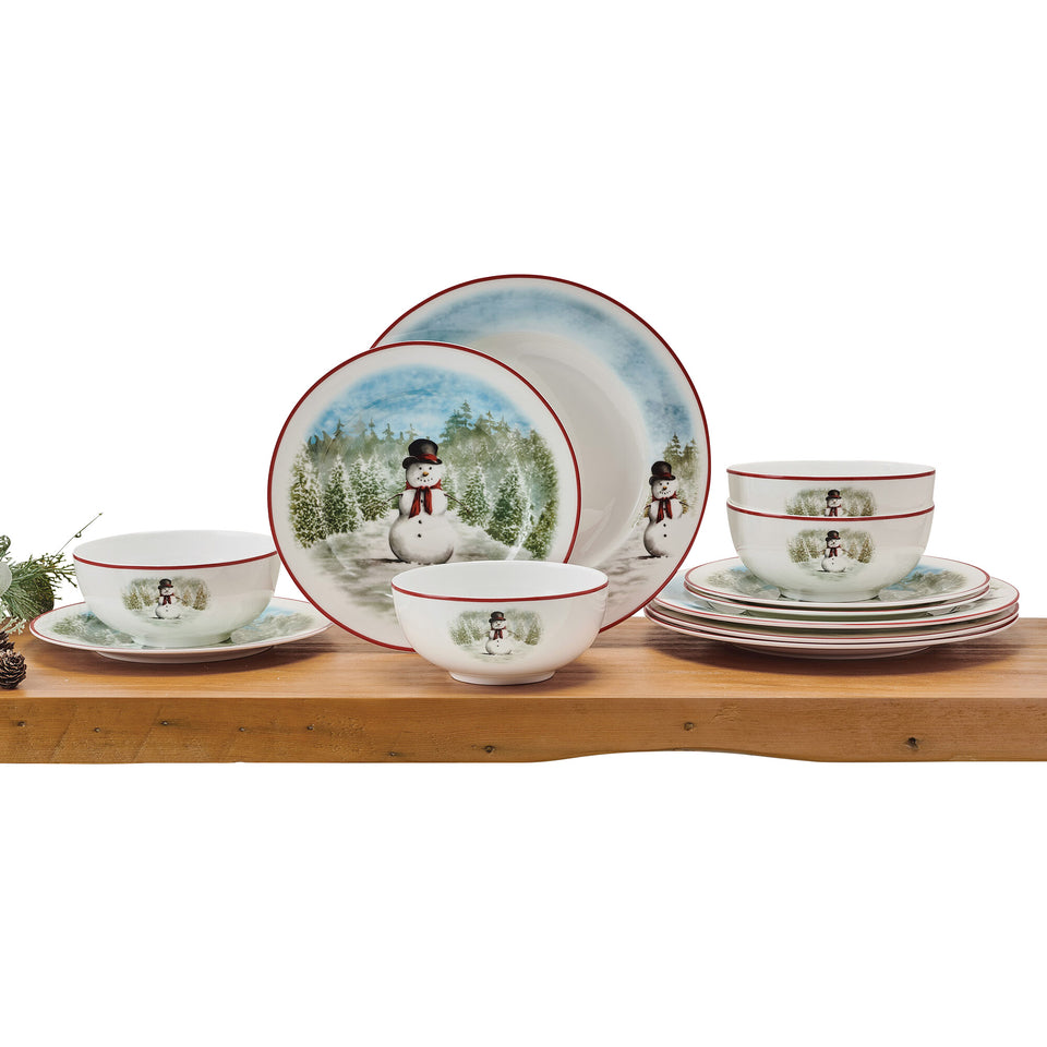 Snowman Enchantment 12-Piece Bone China Dinnerware Set