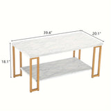 (106 X 50 X 48cm) Simple Double-layer Golden Iron Pipe Marble PVC Coffee Table Rectangular