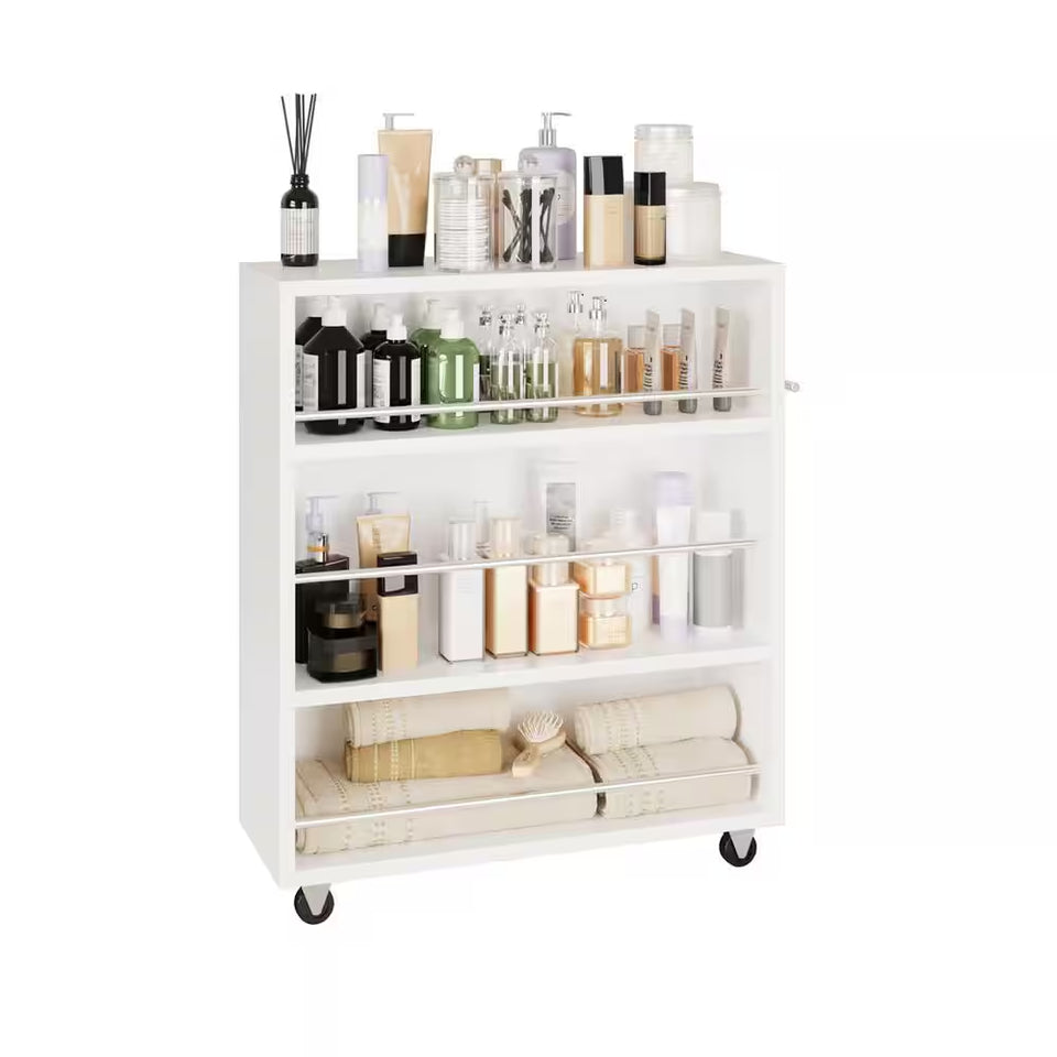 Movable Slim Storage Cart White Wooden Kitchen Cart with 3-Tier Adjustable Shelves Rolling Cart for Home Organizer
