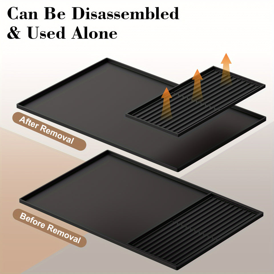 "2-in-1 Silicone Coffee Mat with Raised Edges, 23.6""x15.7"" for Coffee Maker, Espresso Machine, Countertop, Dish Drying Mat (Black)"