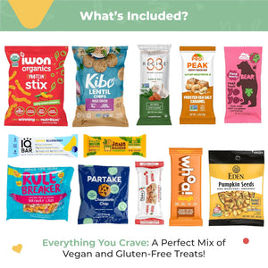 Vegan Gluten-Free Snack Gift Box: Variety of Delicious and Tasty Vegan Candy, Chips, Protein Bars, Cookies - Ideal Gift for Kids, Women, Men, Families and Holidays