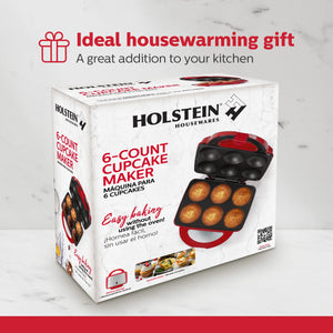 Non-Stick Cupcake Maker, Red - Makes 6 Full Size Cupcakes, Muffins, Cinnamon Buns - Birthdays, Holidays, and More, 800W