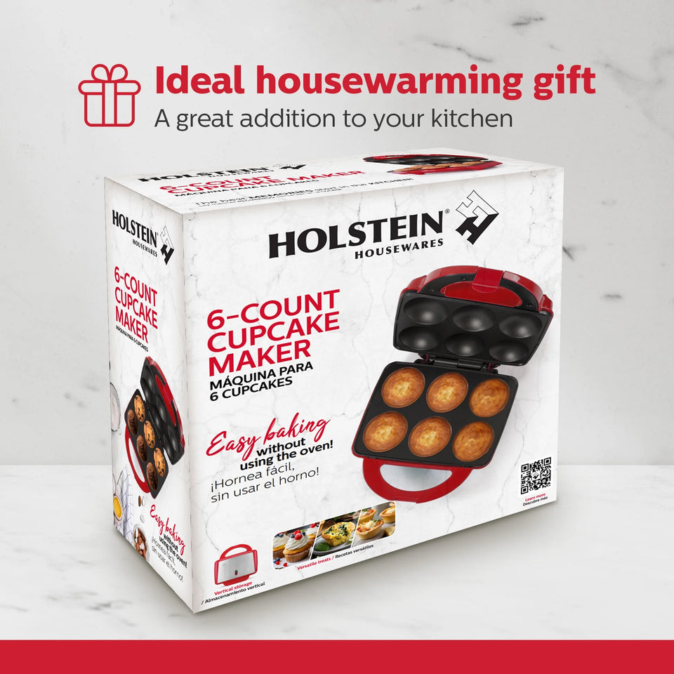 Non-Stick Cupcake Maker, Red - Makes 6 Full Size Cupcakes, Muffins, Cinnamon Buns - Birthdays, Holidays, and More, 800W