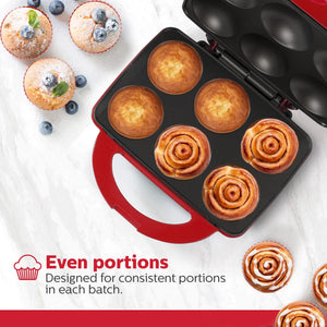 Non-Stick Cupcake Maker, Red - Makes 6 Full Size Cupcakes, Muffins, Cinnamon Buns - Birthdays, Holidays, and More, 800W