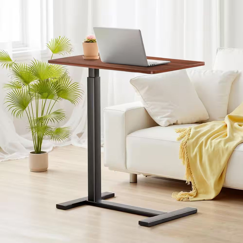 27.56 In. Rust Brown Laptop Desk with Wheels, Adjustable Height Overbed Bedside Table Mobile Standing Desk