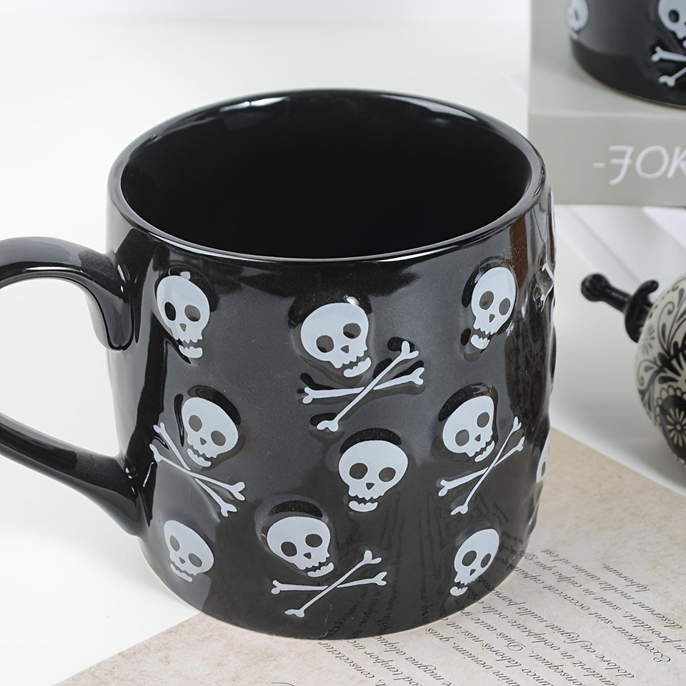 "Spooky Fun" Halloween Skull Ceramic Mug - 24Oz Large Capacity, Microwave Safe, Reusable Coffee & Beer Cup For Adults - Perfect Gift For Men & Women, Ideal For Halloween Decor