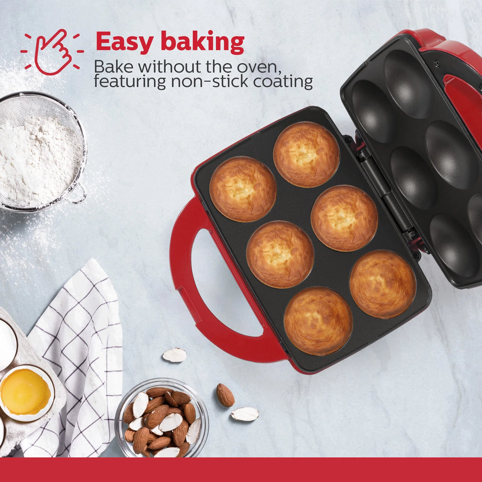Non-Stick Cupcake Maker, Red - Makes 6 Full Size Cupcakes, Muffins, Cinnamon Buns - Birthdays, Holidays, and More, 800W