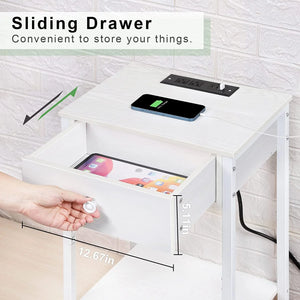 Nightstand End Table with Charging Station, USB Ports, Drawer and Storage Shelf, White