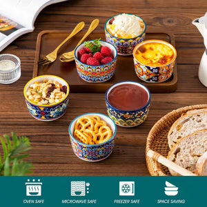 6-Piece 3 Oz. Porcelain Cupcake Pan Set Bohemian Creme Brulee Ramekins Souffle Dishes Dipping Sauce Ice Cream Bowls