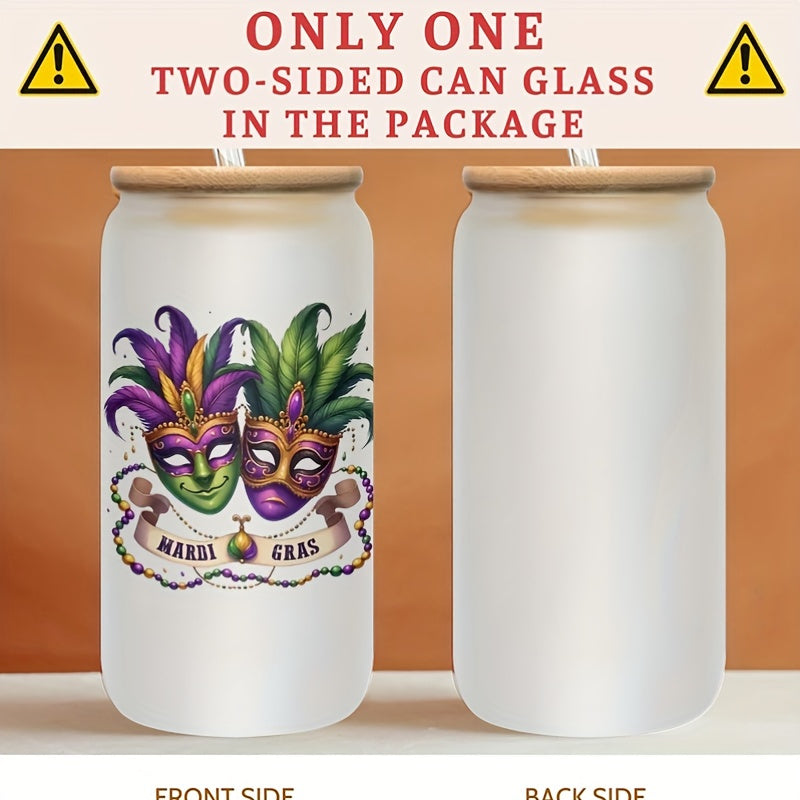 "MARDI GRAS" Insulated Glass Tumbler with Bamboo Lid and Straw - Reusable, Multipurpose for Hot and Cold Drinks, Perfect for Iced Coffee, Smoothies, Boba Tea, Whiskey Water