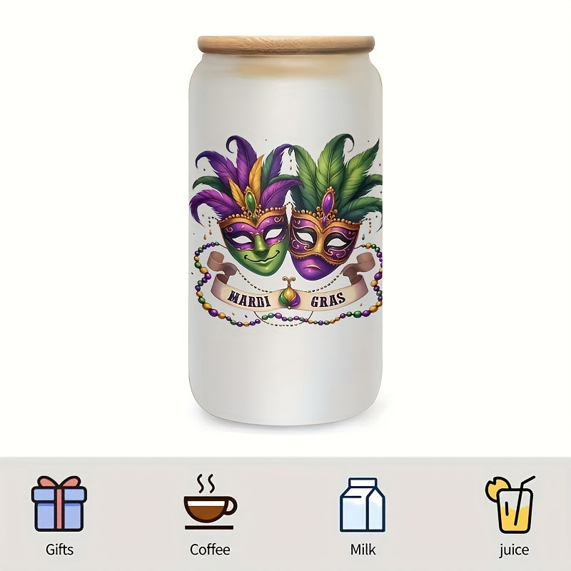 "MARDI GRAS" Insulated Glass Tumbler with Bamboo Lid and Straw - Reusable, Multipurpose for Hot and Cold Drinks, Perfect for Iced Coffee, Smoothies, Boba Tea, Whiskey Water