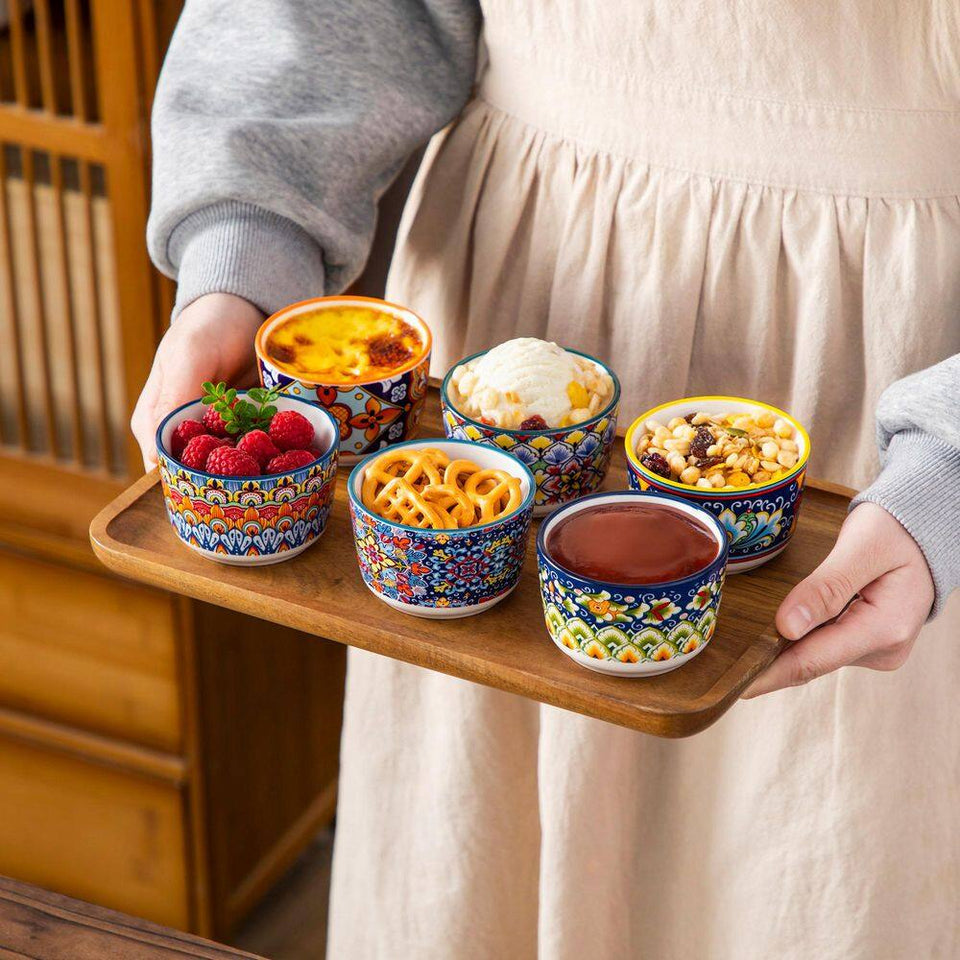 6-Piece 3 Oz. Porcelain Cupcake Pan Set Bohemian Creme Brulee Ramekins Souffle Dishes Dipping Sauce Ice Cream Bowls